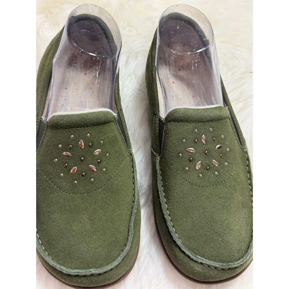 Revitalign Siesta Terrazo 9D Wide Olive Rose Embellished Suede Slip On Loafers